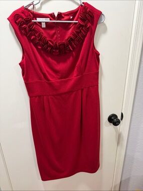 London Times Red Floral-Trim Sleeveless Dress